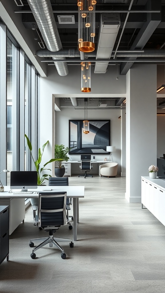 Modern home office with sleek furniture, large windows, and stylish lighting.