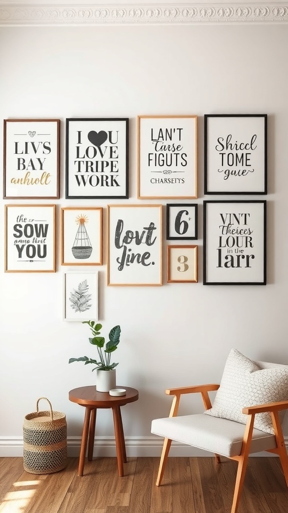 Gallery wall featuring framed text art with various quotes and designs.