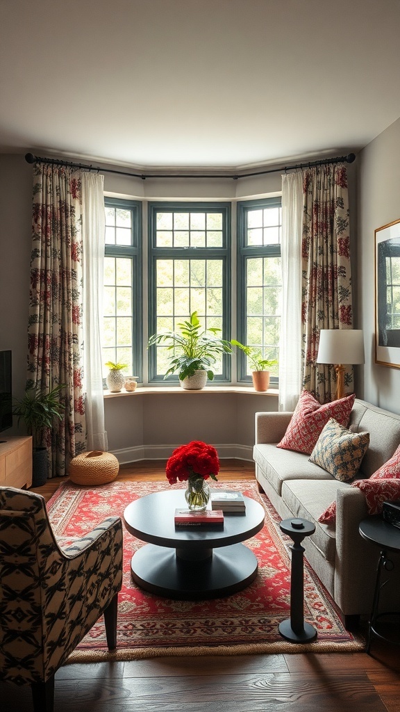 A cozy college living room with floral curtains, patterned cushions, and a warm area rug.