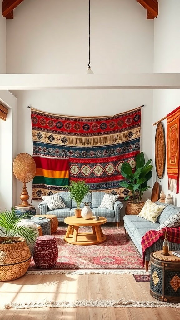 Cozy living room with vibrant textiles, including wall hangings and woven baskets.