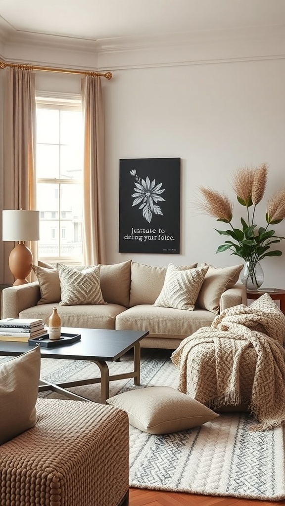 A cozy college living room featuring textured fabrics, including a beige couch with patterned cushions, a chunky knit throw, and a woven pouf.