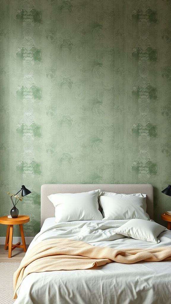 A bedroom with sage green textured wallpaper, a light bedspread, and wooden side tables.