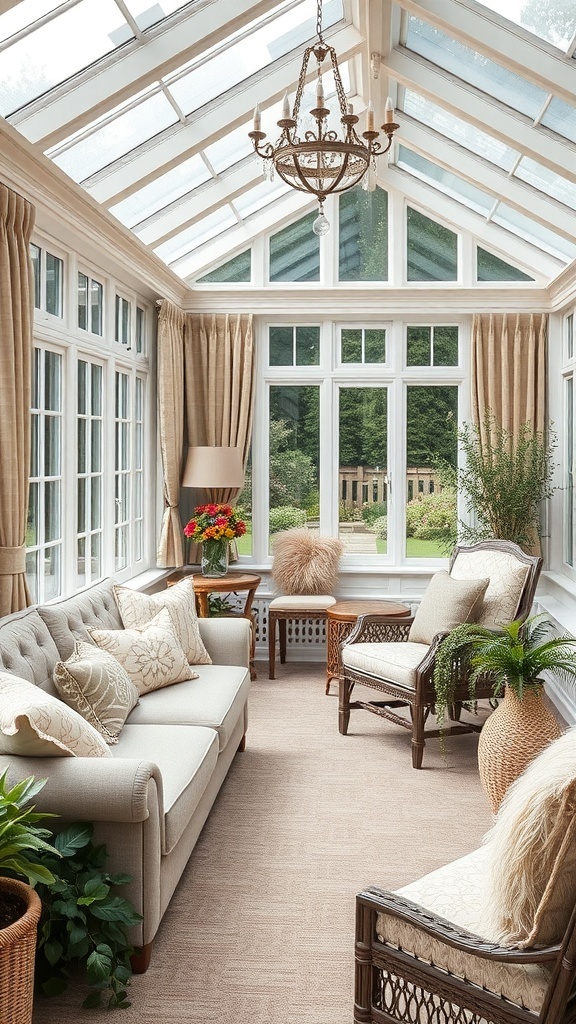 A cozy conservatory featuring a plush sofa, wicker chairs, and elegant curtains, creating a warm and inviting atmosphere.