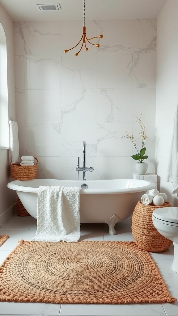 A luxurious spa-like bathroom featuring a freestanding tub, marble walls, and woven rugs.