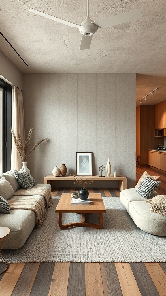 A cozy Japandi living room featuring soft furniture, wooden flooring, and decorative elements.