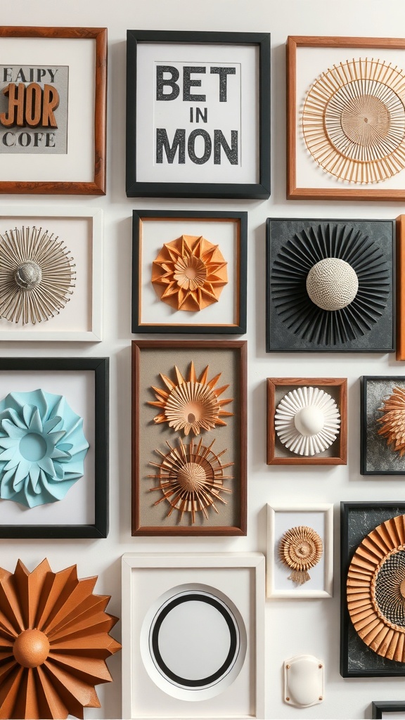 A gallery wall featuring various 3D art pieces in different frames and colors.
