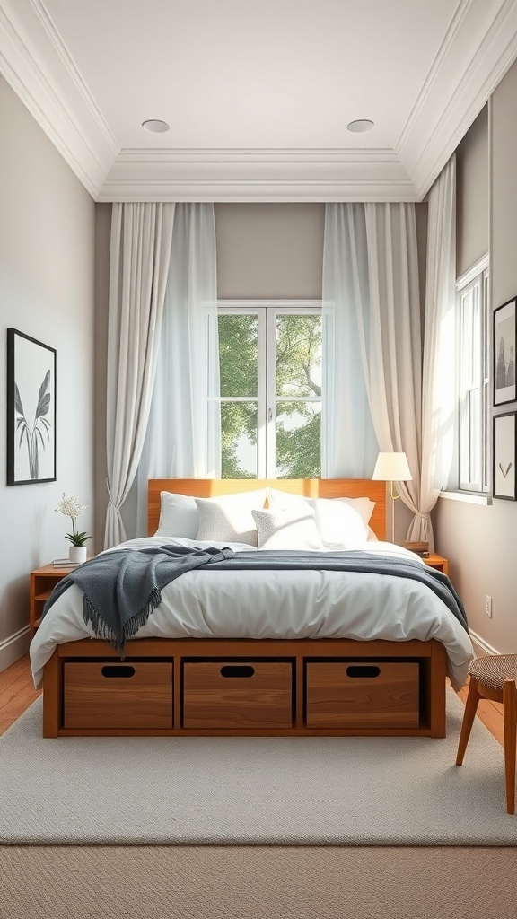 A cozy bedroom featuring a bed with under-bed storage drawers, soft bedding, and natural light from a window.