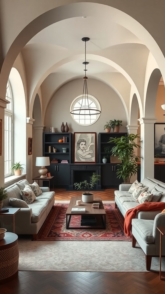 A vintage sunken lounge with arched ceilings, large windows, and cozy furnishings.