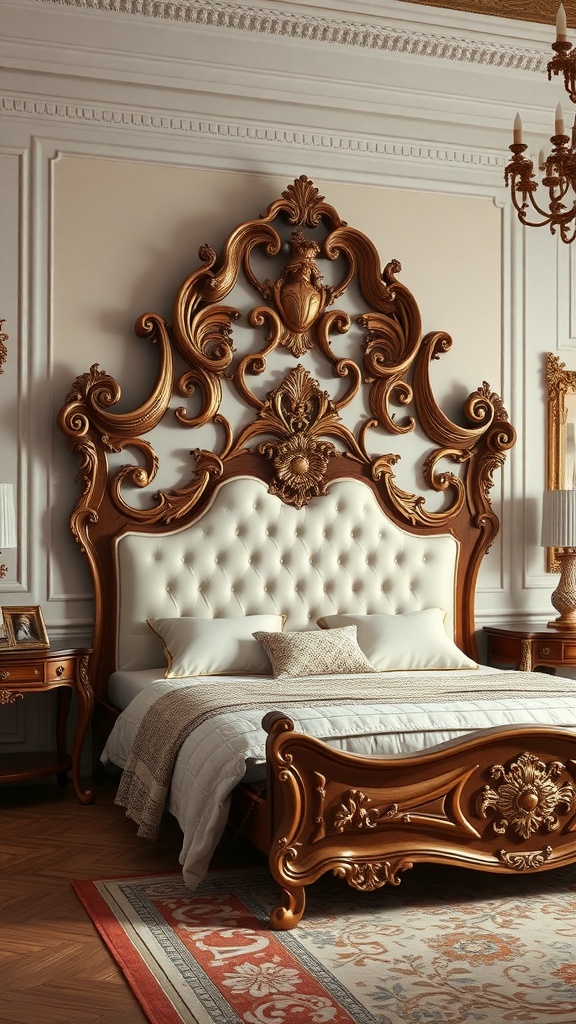 An ornate Rococo-style headboard with intricate carvings and a tufted design, paired with a stylish bed and elegant decor.