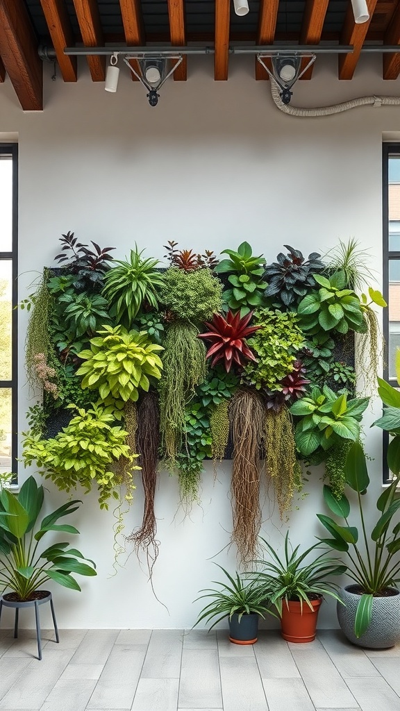 A vibrant vertical garden on a wall with various plants, showcasing a mix of colors and textures.
