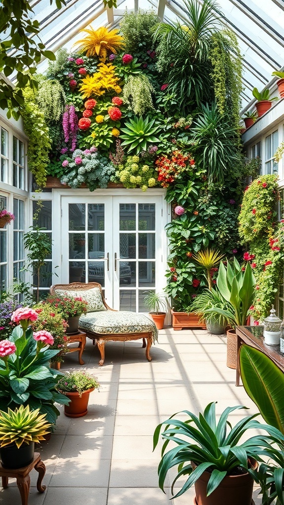 A beautiful conservatory featuring a vertical garden with colorful flowers and lush greenery.