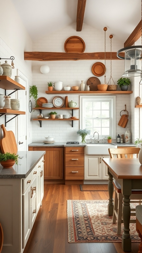 A cozy kitchen with wooden shelves, vintage kitchenware, and warm tones.