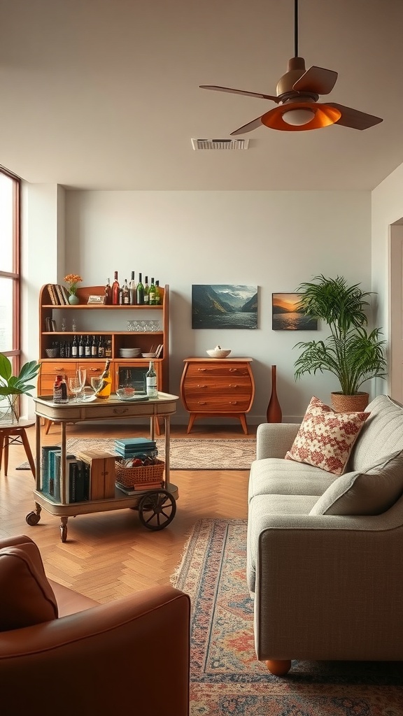 A vintage-inspired lounge with a bar cart, cozy seating, and decorative elements.