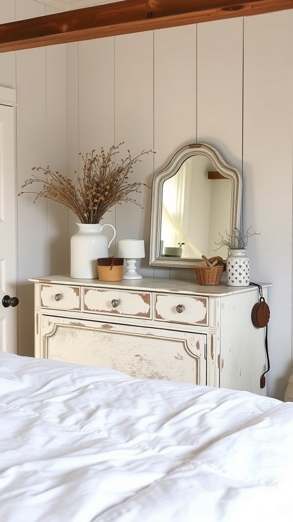 A vintage dresser with a mirror and decorative items in a cozy farmhouse bedroom.