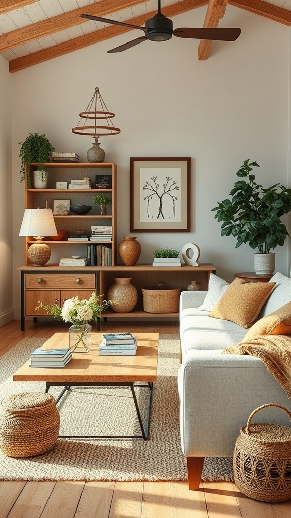 A cozy living room featuring vintage decor elements like a rustic vase and old books.
