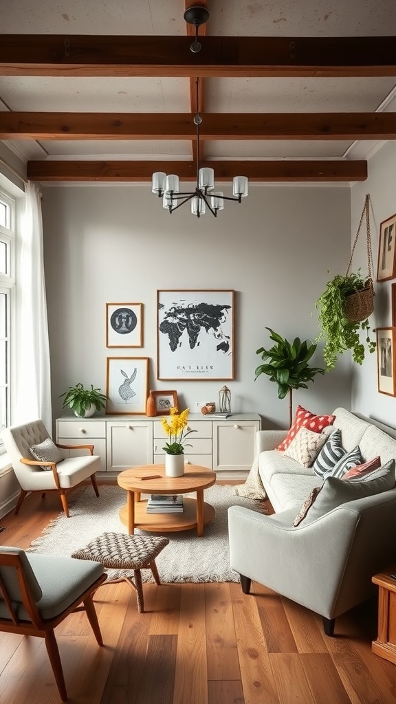 A cozy living room featuring vintage and modern decor elements.
