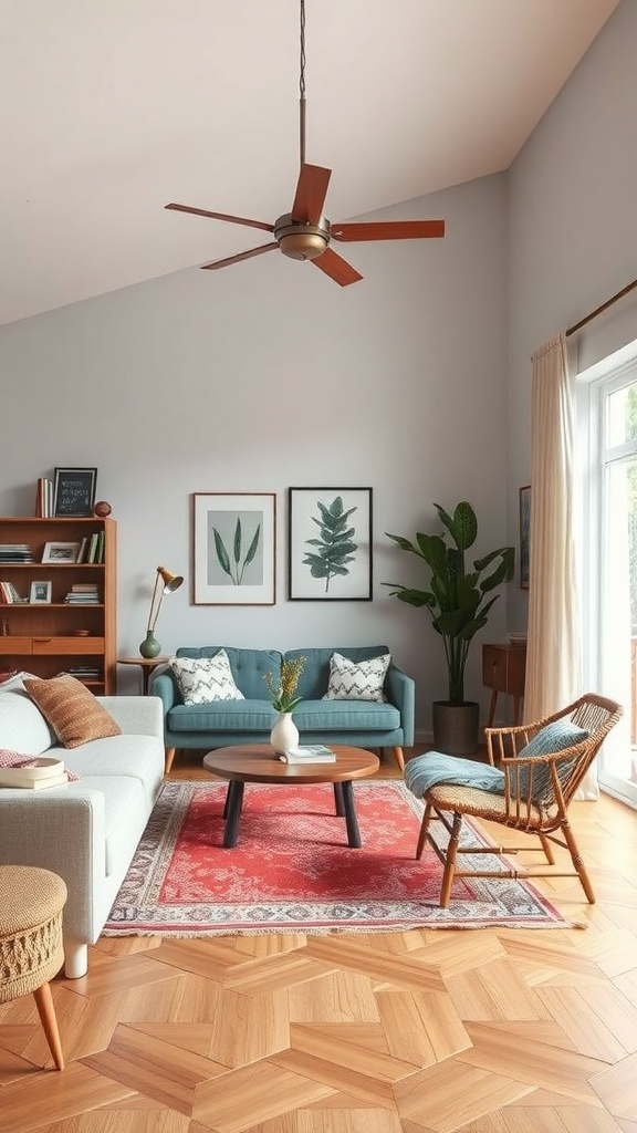 A cozy living room featuring a mix of modern and vintage decor, with a blue couch, red rug, and rattan chair.