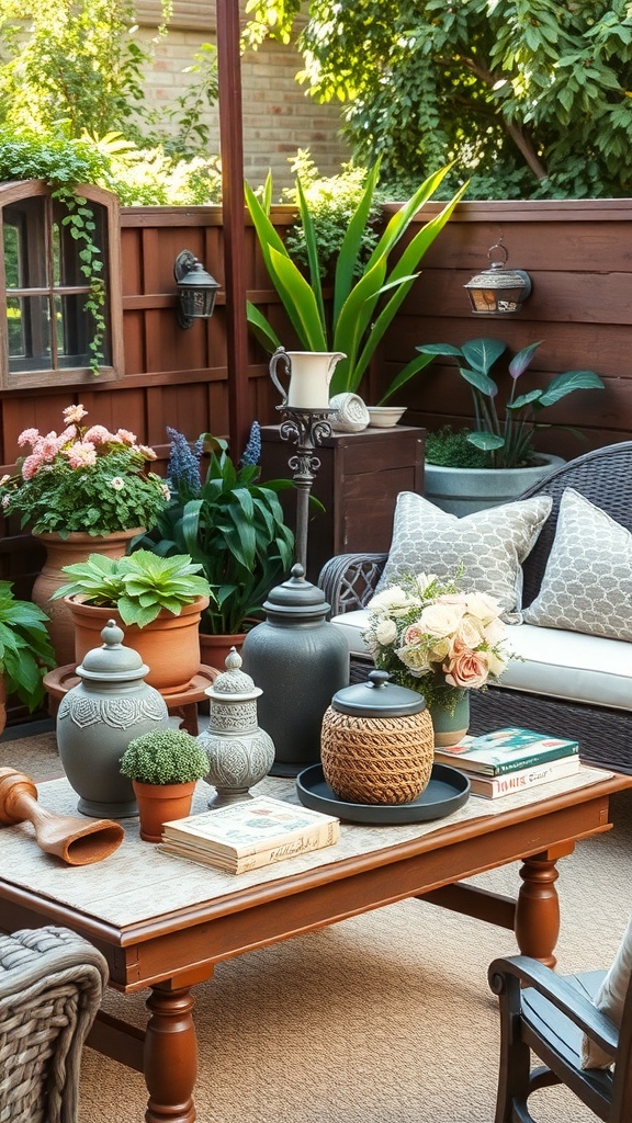 A cozy outdoor coffee table setup featuring vintage jars, flowers, and books surrounded by greenery.