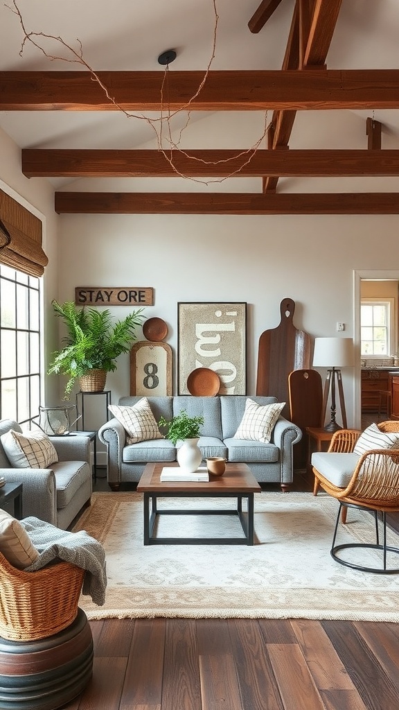 Cozy living room with vintage and modern décor elements, featuring wooden beams, gray sofas, and decorative wall art.