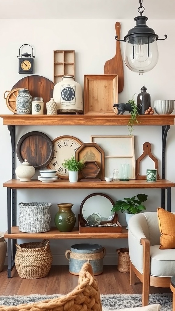 A cozy shelf displaying a variety of vintage items, including clocks, jars, and wooden trays, creating a warm farmhouse vibe.