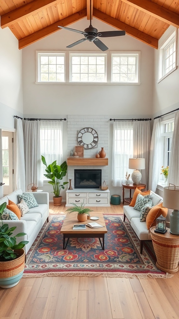 A cozy boho living room featuring vintage elements, high wooden ceilings, and a mix of modern and eclectic decor.