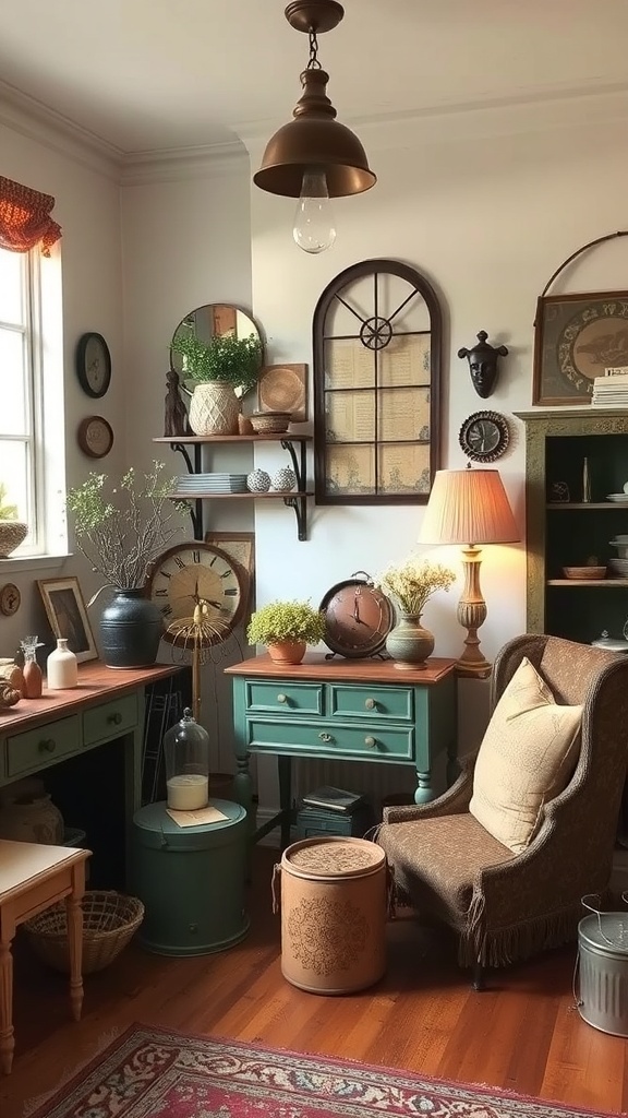 Cozy living room with vintage furniture and plants