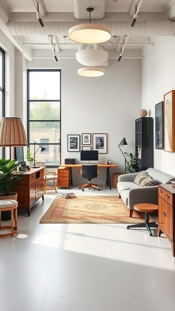 A modern home office featuring vintage furniture, a cozy rug, and ample natural light.