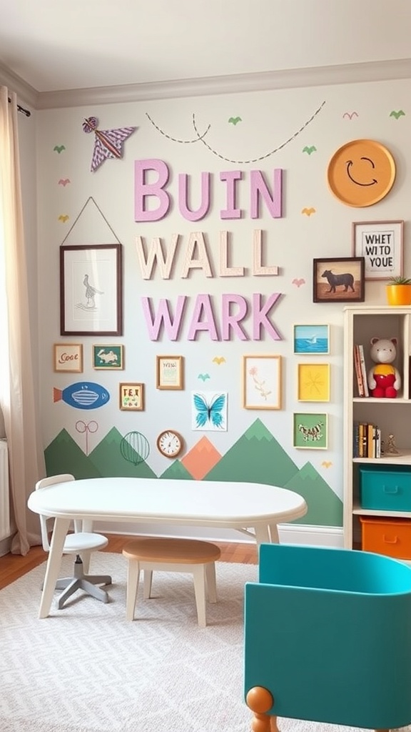 A colorful wall with playful decals and framed art in a children's room.