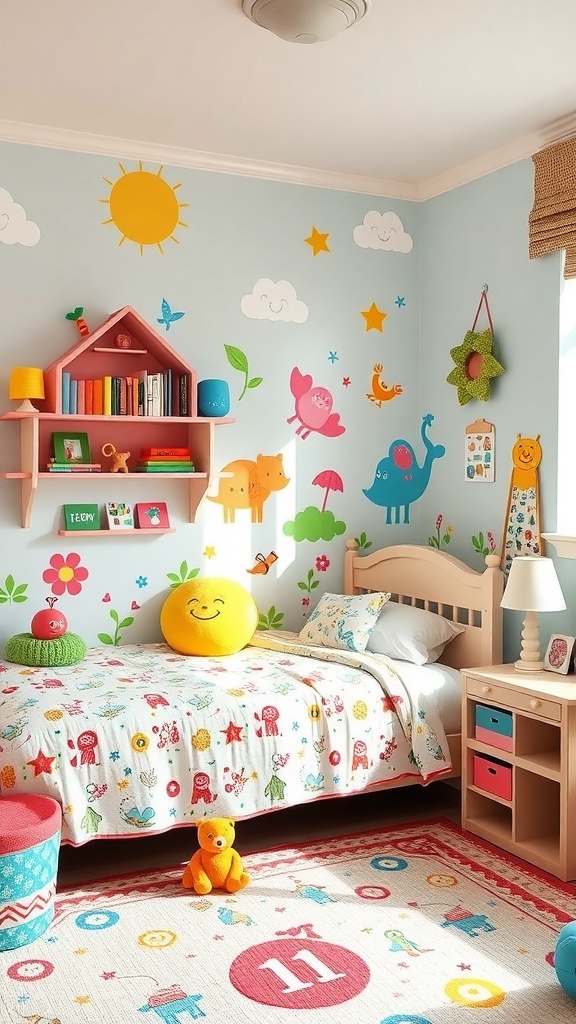 A colorful children's room with a wall decal that says 'Happin Vision' surrounded by stars and hearts.