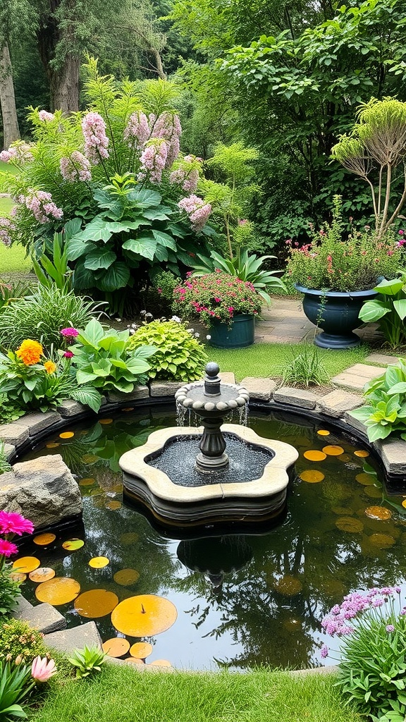 A serene garden featuring a fountain surrounded by colorful flowers and lush greenery.