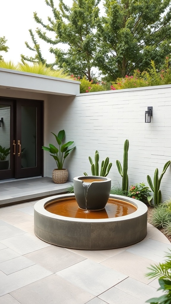 A minimalist patio featuring a round water fountain surrounded by plants.
