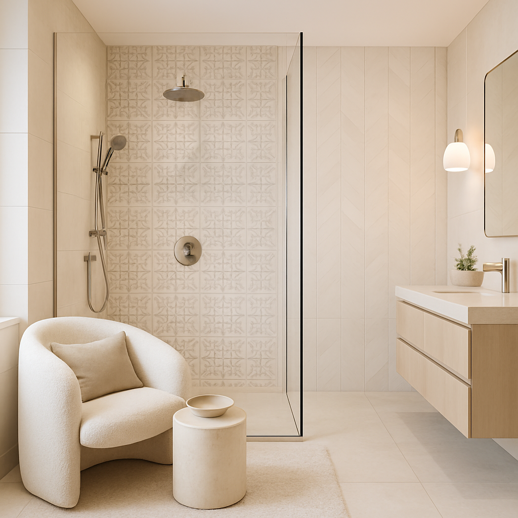 Modernes Badezimmer mit Walk-In-Dusche und individuell gestalteten Fliesenmustern