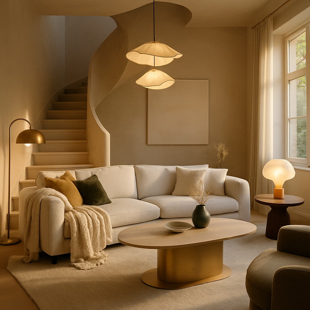 Ein stilvolles Wohnzimmer mit einer hängenden Lampe, einer Stehlampe und einem gemütlichen Sofa.
