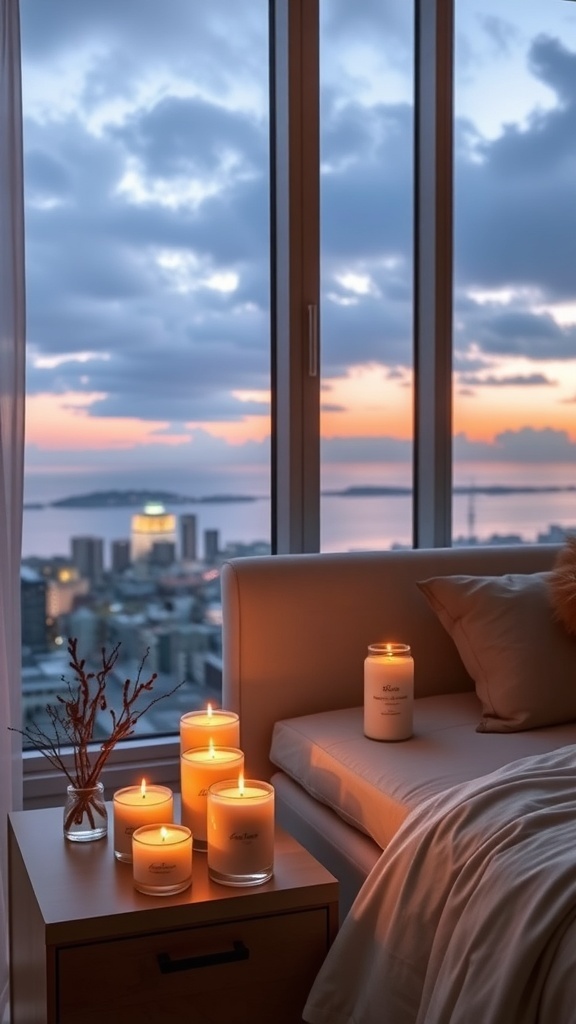 Ein stilvolles Schlafzimmer mit brennenden Duftkerzen auf einem Nachttisch und einem Blick auf die Stadt bei Sonnenuntergang.