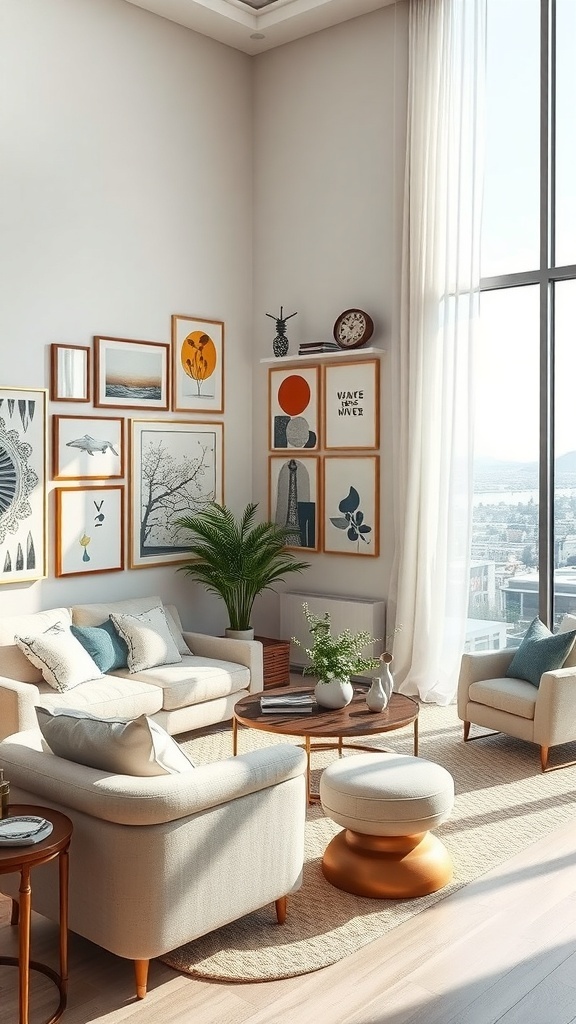 Helles Wohnzimmer mit Kunstwerken an der Wand, modernen Möbeln und Pflanzen.