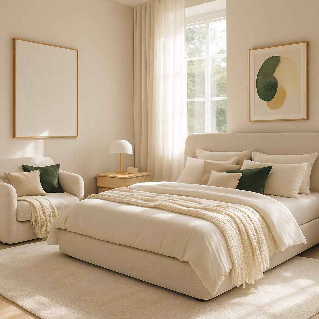 Luxuriöses Schlafzimmer mit Kunstwerken an den Wänden