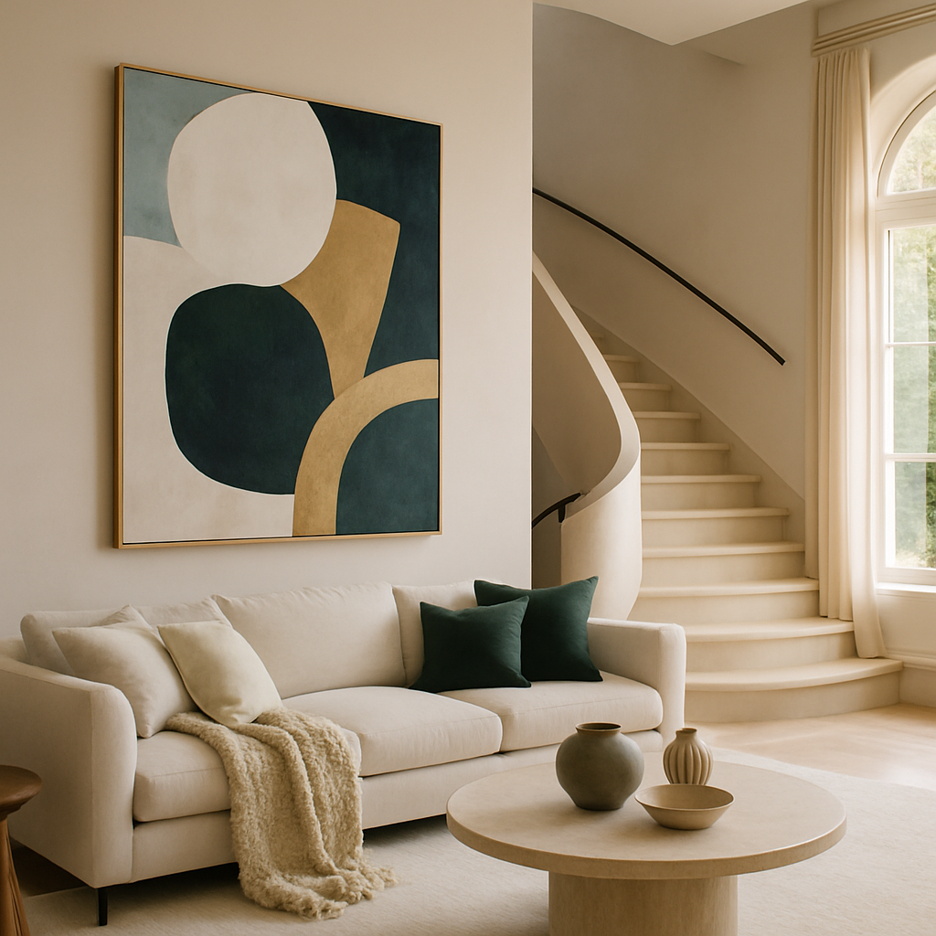 Ein modernes Wohnzimmer mit einem abstrakten Gemälde über einem beigen Sofa, grünen Kissen und einem runden Tisch.