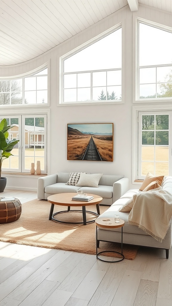 Helles Wohnzimmer im Bauernhausstil mit großen Fenstern, neutralen Möbeln und einem Kunstwerk an der Wand.