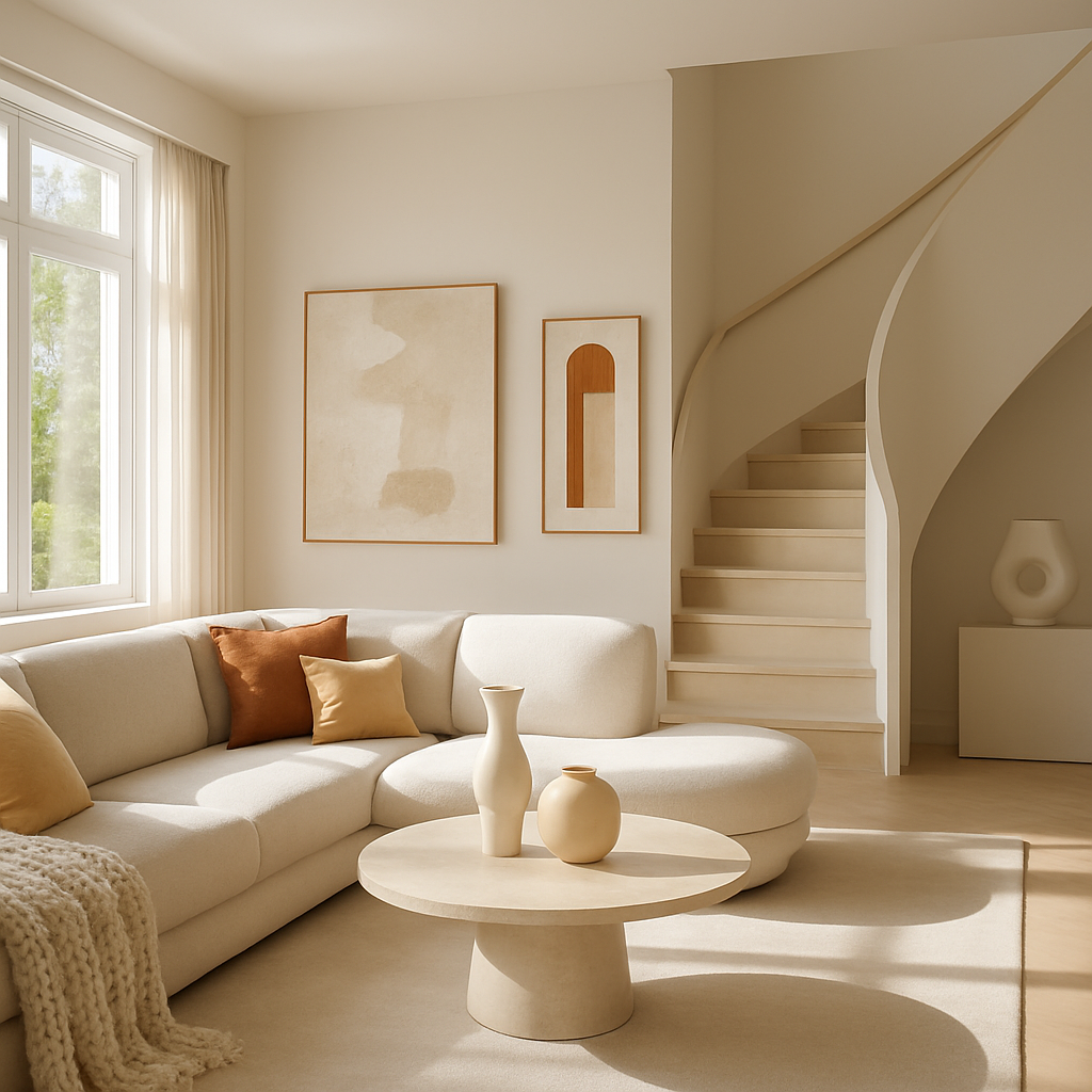 Modernes Wohnzimmer mit minimalistischen Möbeln und individuellen Kunstwerken an der Wand