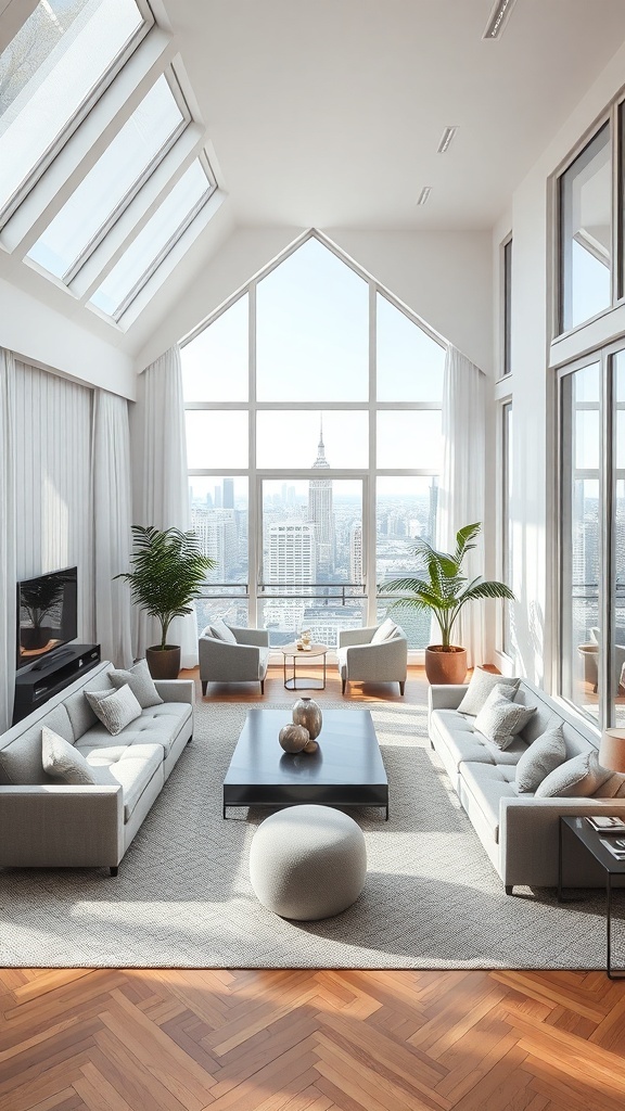 Luxuriöses Wohnzimmer mit großen Fenstern und modernem Mobiliar