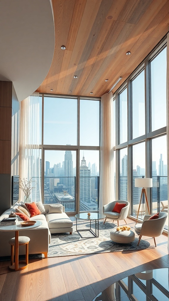 Helles Wohnzimmer mit großen Fenstern, modernem Sofa und Blick auf die Stadt