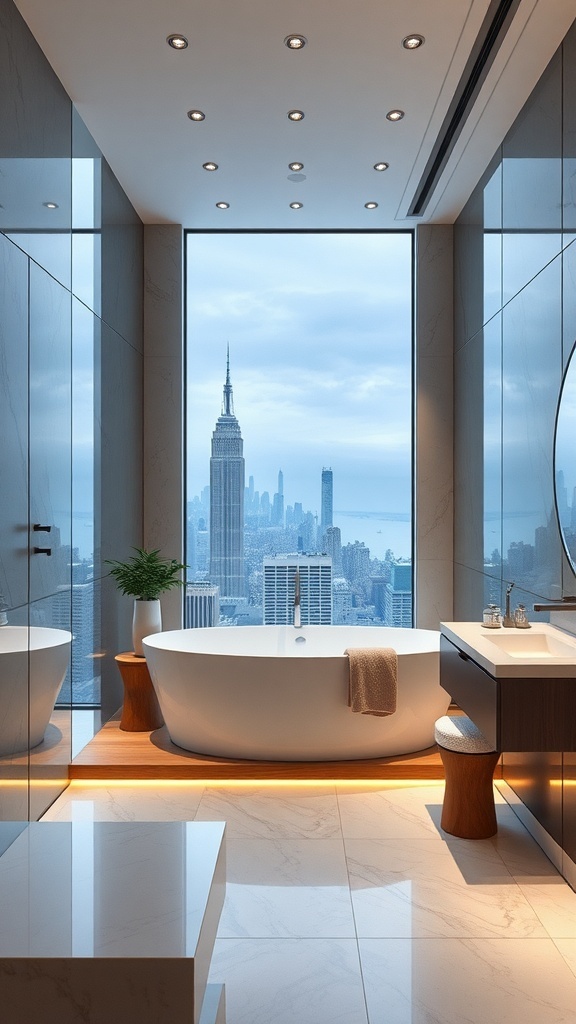 Luxuriöses Spa-Badezimmer mit Blick auf die Skyline, freistehende Badewanne und moderne Einrichtung