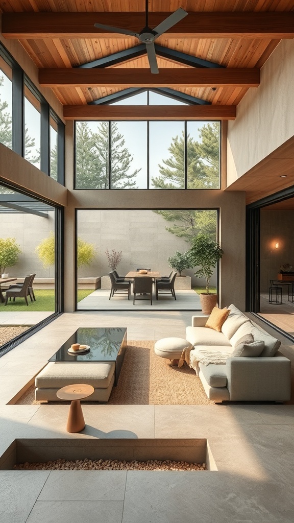 A modern living room with a sunken couch area, large windows, and an outdoor patio.