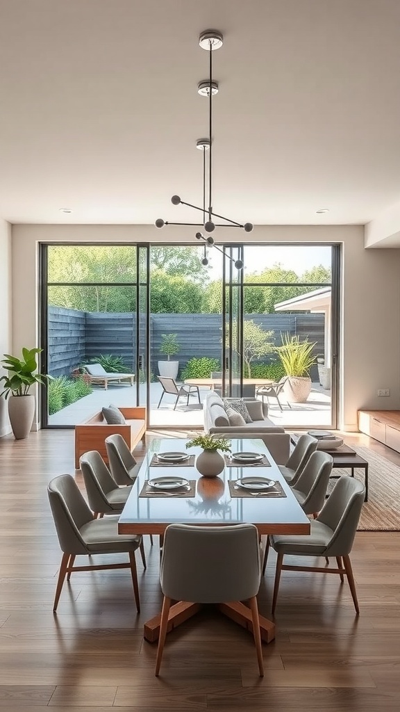 A modern open concept living and dining room with large glass doors leading to an outdoor patio.