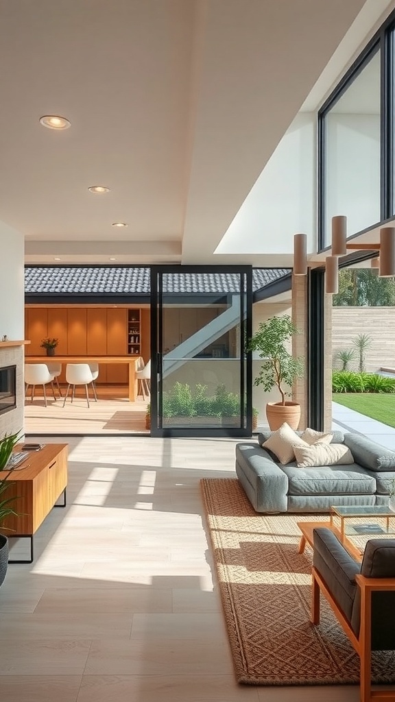 A modern open concept living and dining area with large glass doors leading to a garden.