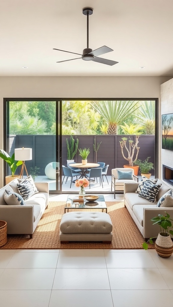 A stylish living room with large glass doors leading to an outdoor patio filled with plants and a dining set.