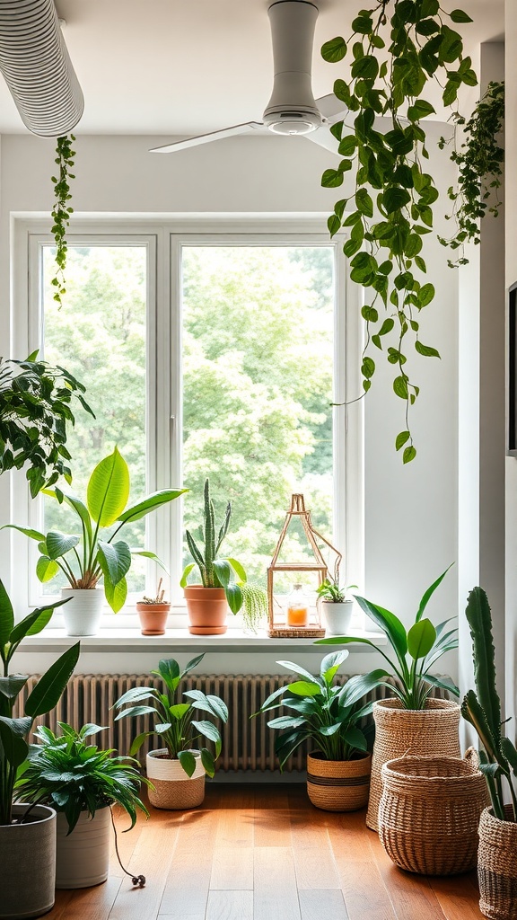 A bright indoor space filled with various plants, enhancing air quality and creating a fresh atmosphere.