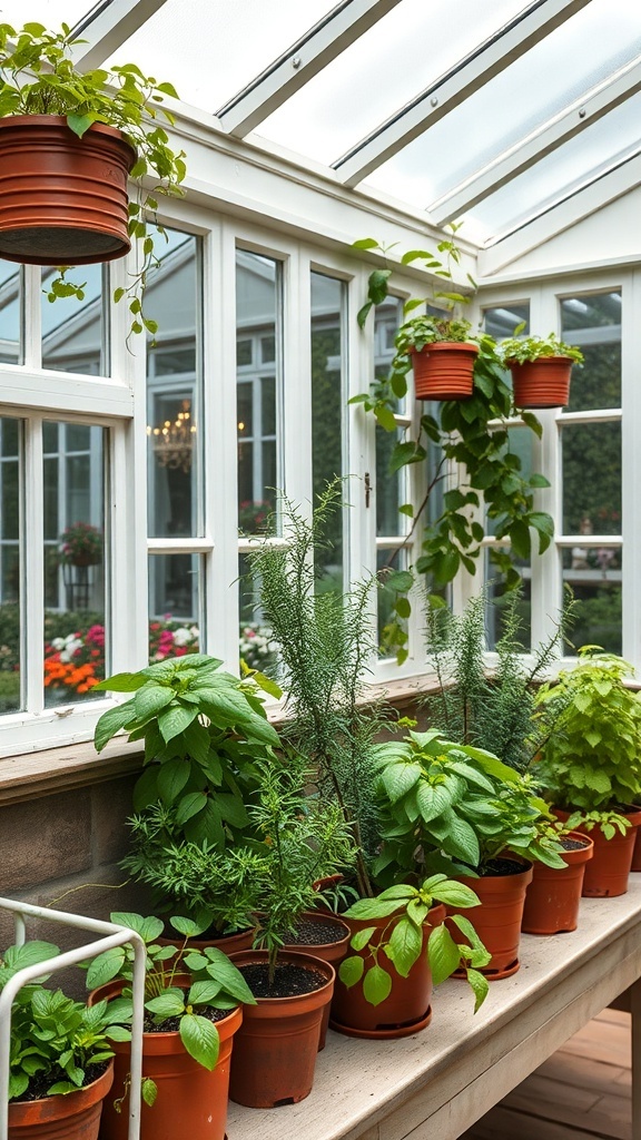 A bright conservatory filled with various potted herbs, showcasing a vibrant indoor garden.
