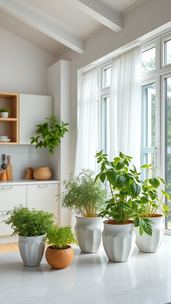 A modern kitchen featuring various potted herbs on a countertop, with bright natural light streaming in through large windows.