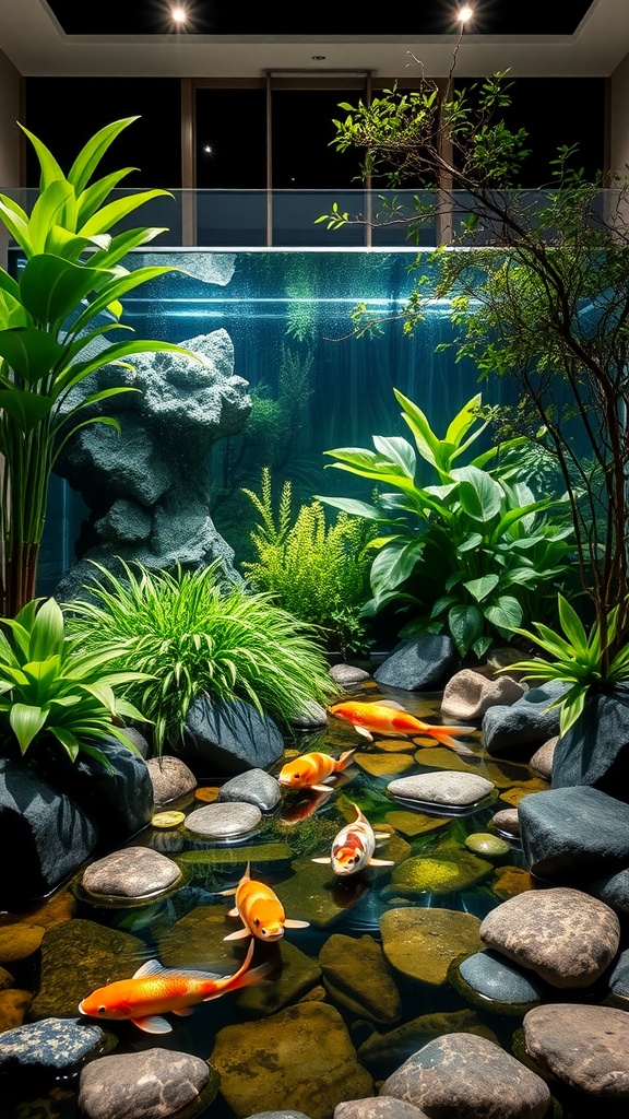 Indoor koi pond with vibrant koi fish, smooth stones, and lush greenery